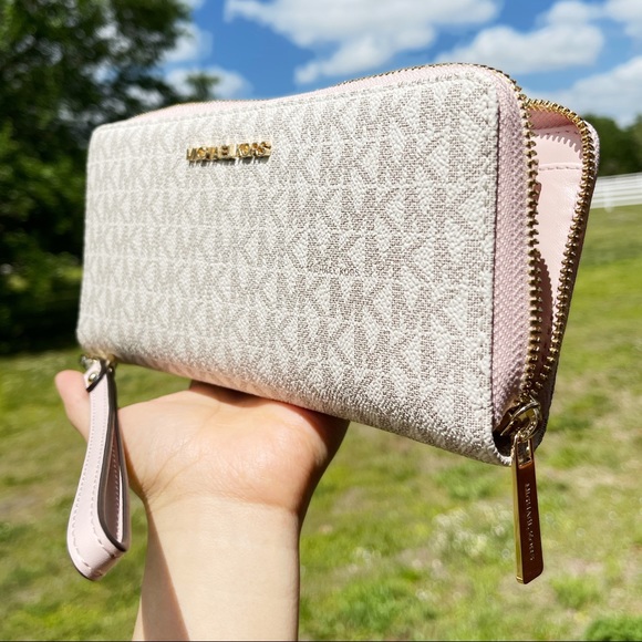 Michael Kors Jet Set Large Continental Wallet Wristlet MK Vanila Pink Blush - Picture 10 of 12